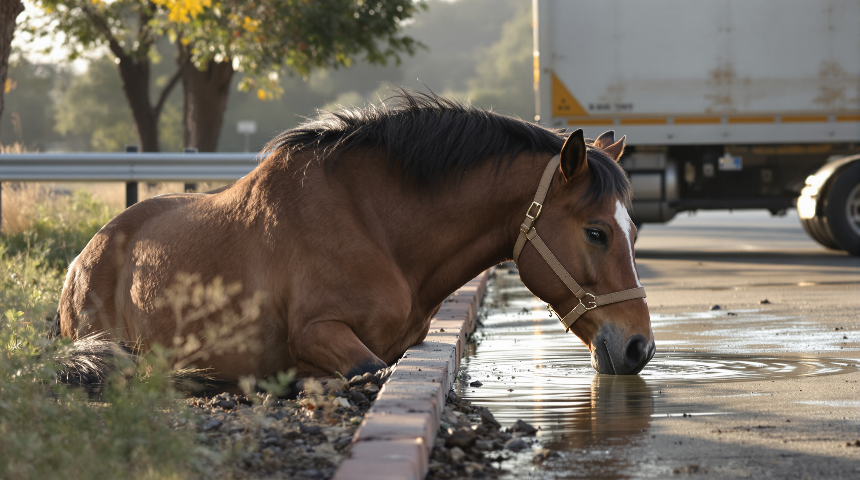 Caballo descansando en una parada autorizada durante el transporte
